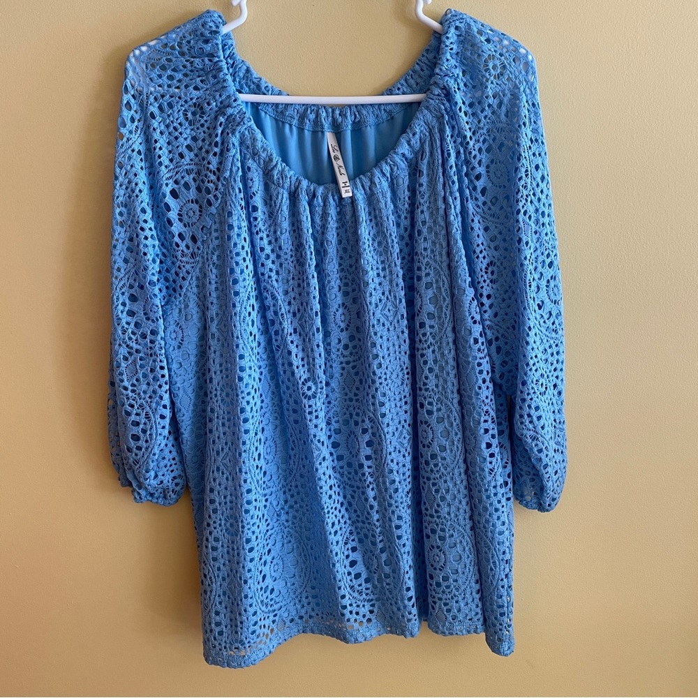 Leo & Nicole Lace Blouse Top Peasant Style Blue Sz XL